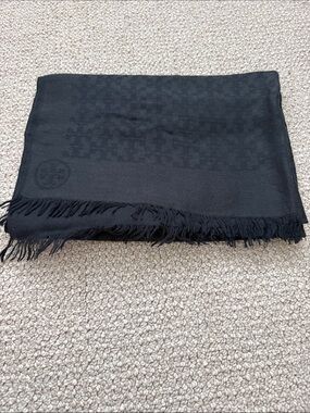 Tory Burch Classic “T Monogram” Black Fringed Scarf